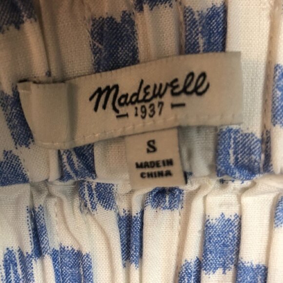 Madewell Ikat Blue Crosshatch Shirred Waist 100% Cotton White Mini Skirt Size S - Picture 3 of 7